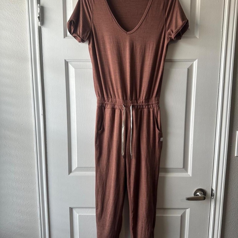 Vuori Lux Short Sleeve Drawstring Jumpsuit in Russet / Terracotta